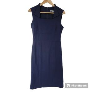 CLEO NAVY BLUE SHIFT/PENCIL DRESS WITH SQUARE NECKLINE AND FOLDED COLLAR, SIZE 2